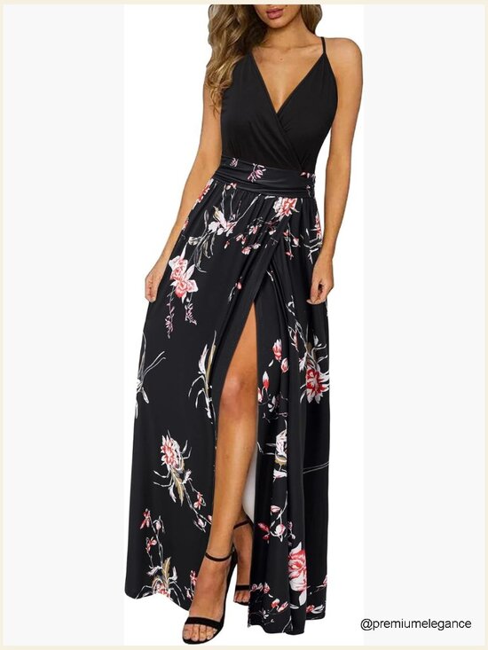 Dresses & Skirts - Lightweight Maxi Dress with V-Neck and Side Slit, Flowy Summer Casual